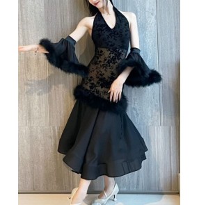 Women girls black lace feather ballroom dance dresses waltz tango foxtrot smooth dance long skirts for female